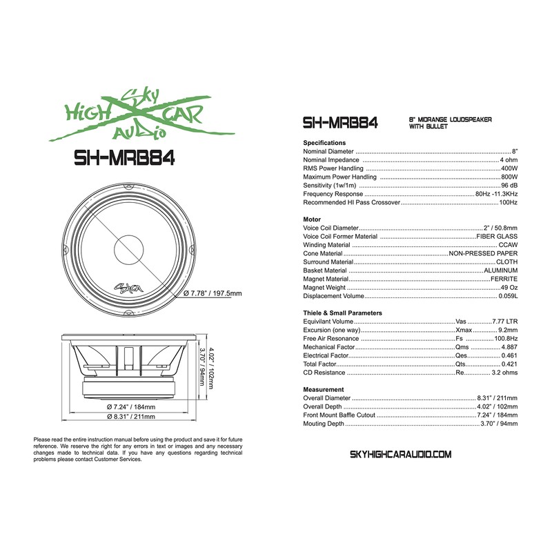 Sky High Car Audio SHCA MRB84 8" Midrange Speaker w/Bullet
