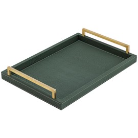 XIGEXIGE Green Decorative Serving Tray,Rectangular Tray for Coffee Table,Faux Leather Serving Tray with Handles for Ottoman,Shagreen Leather Tray for Bathroom