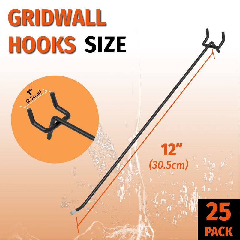 HUHOLE Black Pegboard Hooks 12 Inch, 25PC, Heavy Duty Peg