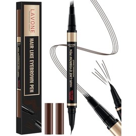 LAVONE Curved Eyebrow Pencil, 2-in-1 Waterproof Eyebrow Pen with 4 Tip Microblading Brow Pen and Curved Ultra-Precise Brow Pencil, with Dual-ended Eyebrow Brush, 02 Dark Brown