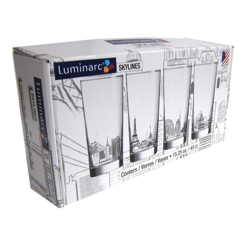Luminarc 4 Piece Skylines 15.25 oz Assorted Decorated Coolers, Clear