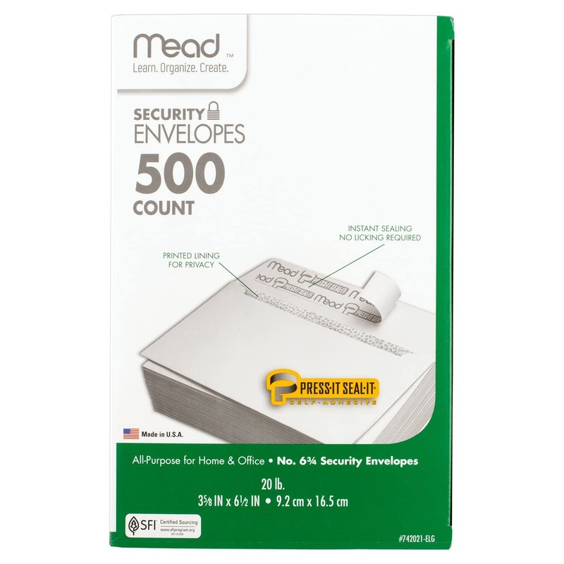 Mead #6-3/4 Envelopes, 3-5/8" x 6-1/2", Security Printed Lining for
