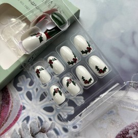 Christmas Press-on Nails - Short Almond Fake Nails with Christmas Plants Designs, Green & Red, Glue-on, Full Cover Acrylic, Glossy Finish