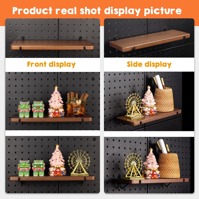 SEMPOMA 2 Pcs Walnut Finish Wooden Pegboard Shelf for 1/4"