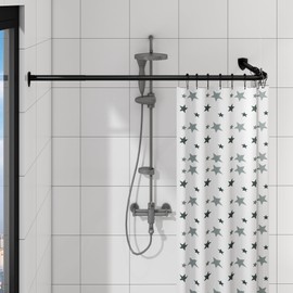 Corner Shower Curtain Rod, Curved Shower Curtain Rod, Adjustable L Shaped Shower Rod for Bathroom, Clothing Store, Stainless Steel with 12 Ring Hooks & Ceiling Support (Black, 39"-68.5" x 55"-84.2")