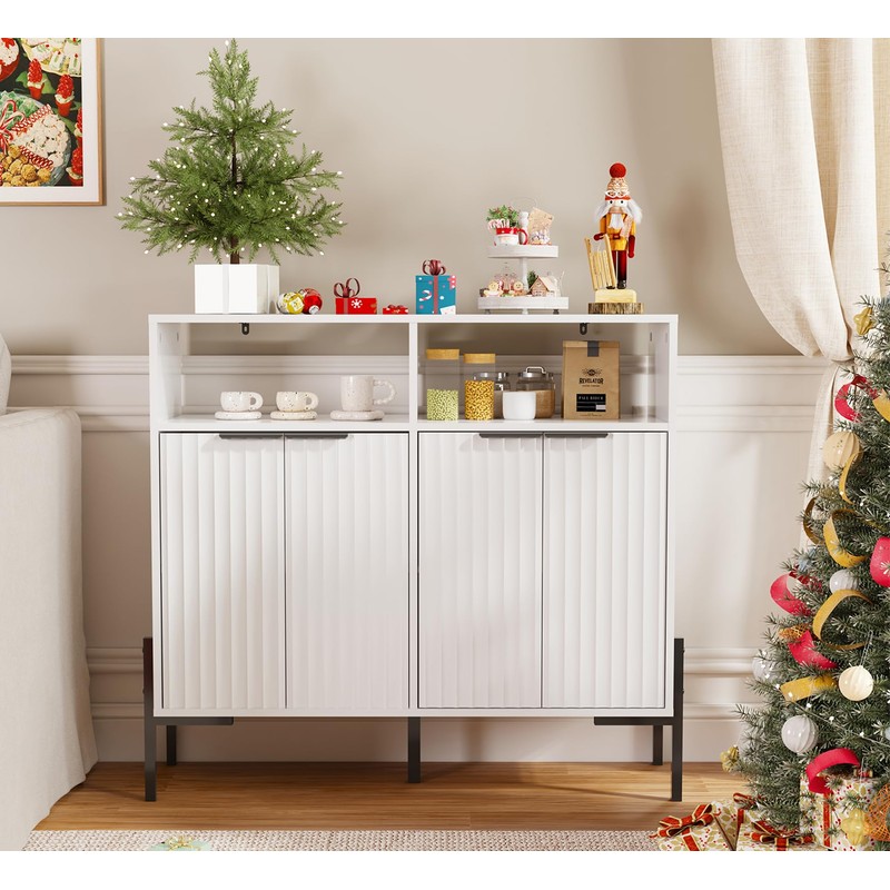 White Buffet Cabinet with Storage, Fluted Storage Cabinet with Doors