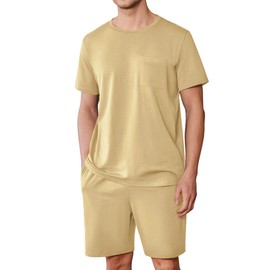Ekouaer Mens Pajamas Set Cotton Short Sleeve Sleepwear 2 Piece Pj Sets for Men Soft Nightwear with Pockets(Light Brown L)