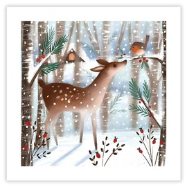 Christmas Cards Pack of 8 - Deer and Robin Winter Forest Scene - Artistic Design by Catherine Worsley - Eco-Friendly - Made in the UK