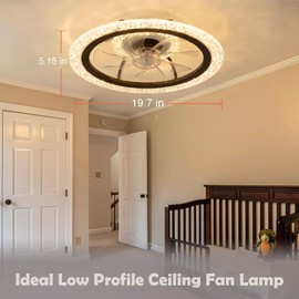 Ceiling Fan with Lights and Remote, 19.7'' Flush Mount Fandelier Ceiling Fan, 3000K-6500K, Up & Down Lighting LED Fan Light, Black Low Profile Ceiling Light with Fan for Bedroom, Living Room