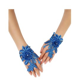 Blue Fingerless Hand Embroidery Flower Made Gloves Tea Party Glove, Fingerless Satin Gloves, Fingerless Glove, Plaid Tee Party Gloves, Blue Fingerless Gloves For Women, Blue Short Fingerless Gloves.