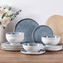 LERATIO Ceramic Dinnerware Sets for 4,Porcelain Plates and Bowls Sets with Wavy Edge,Microwave & Dishwasher & Oven Safe,Light Weight & Scratch Resistant Dishes Sets-Service for 4-Jean blue (12pcs)