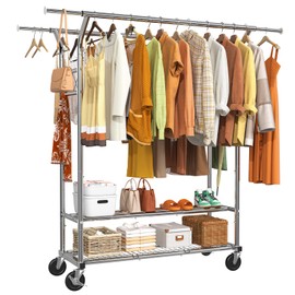 Simple Trending Heavy Duty Clothing Clothes Rack for Hanging, Rolling Double Rod Garment Rack Organizer with Wheels Load 620 LBS, Chrome