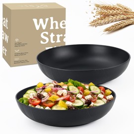 Wrova Large salad bowls,65oz Salad bowls set of 2,Unbreakable Plastic bowls Microwave & Dishwasher Safe Bowls,Wheat Straw Serving Bowls for Salad, Cereal, Fruit, Dishwasher Safe.Black