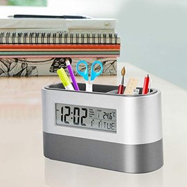 Pilipane Digital Alarm Clock,Pen Holder Lcd Digital Clock,Snooze Function Storage Box Alarm Clock,with Perpetual Calendar Temperature Display for Living Room Bedrooms Kitchen
