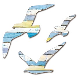 FIGCY Maritime Deko Wanddekoration Holz Möwe Set 3-teiliges Wanddeko maritim für Indoor Charmante Küstenoptik für Wohnzimmer, Balkon oder Garten