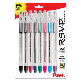 Pentel RSVP Original Ballpoint Pen, (1.0mm) Medium Line, Assorted Ink Colors, Clear Barrel, 8 Pack with Bonus Black Ink Pen