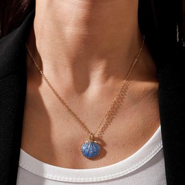 Cimenexe Bohemian Enamel Shell Necklace Choker Necklace Gold Scallop Pendant Necklace Blue Enamel Shell Necklace Summer Shell Necklace Jewellery for Women and Girls Gifts, Zinc, No Gemstone