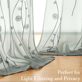 HOMEIDEAS Sage Green Sheer Curtains 52 X 63 Inches Length 2 Panels Embroidered Wave Line with Spiral Pattern Pocket Faux Linen Semi Sheer Voile Window Curtains/Drapes for Bedroom Living Room