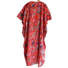 Indian Pure Cotton Bohemian Women Kaftan Night Sleepwear Soft Long Kaftan Dress Tops Throw Ethnic Bird Printed Hippie Bathrobe Tunic Gown Multi