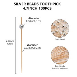 100 Pcs Cocktail Picks, 4.7 Inch Ball Toothpicks for Appetizers, Cocktail Skewers for Drinks, Fruits, Wooden Long Toothpicks Charcuterie Sticks, Party Decorations Supplies (Silver)