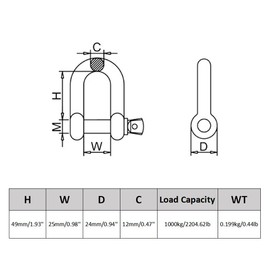 Baceyong M12 (1/2") Shackle, 304 Stainless Steel Heavy Duty D Ring Shackle 1000 kg/ 2204.62 lb Strong Load Capacity