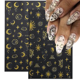 8 Sheets Star Sun Nail Art Stickers 3D Self-Adhesive Gold Nail Stickers Star Moon Sun Snake Design Nail Art Supplies Designer Nail Decals Nail Stencils for Women Girls DIY Acrylic Manicure Accessories