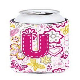 Caroline's Treasures CJ2005-UCC Letter U Flowers and Butterflies Pink Can or Bottle Hugger Cooler Washable Drink Sleeve Collapsible Beverage Insulated Holder, Can Hugger, Multicolor