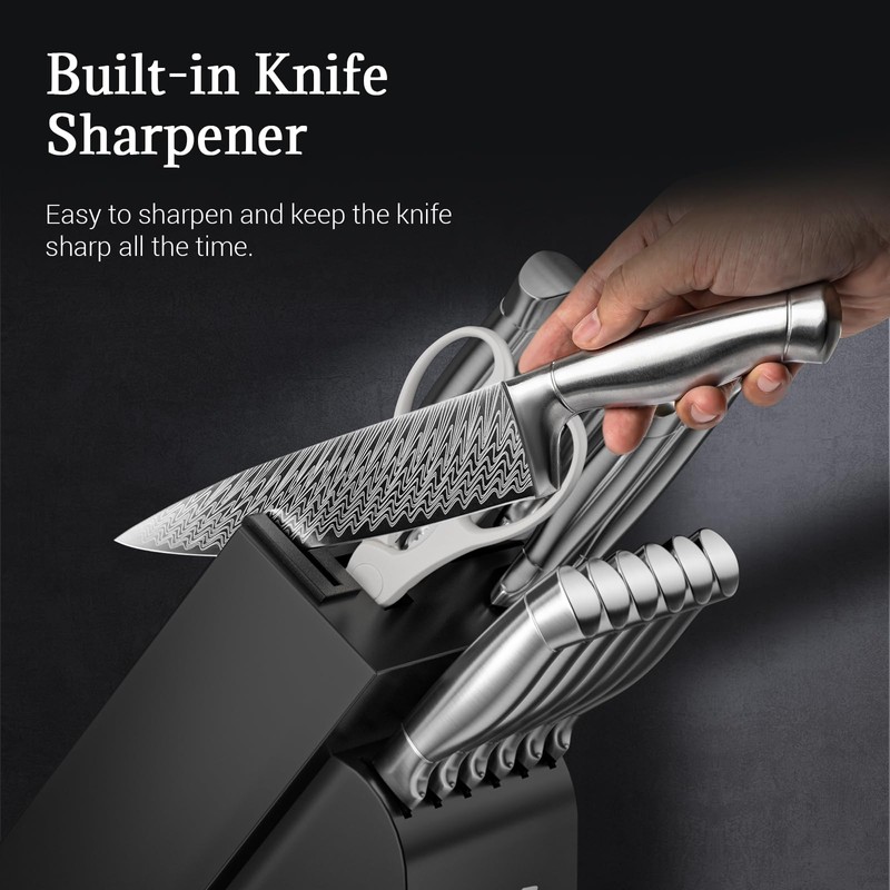 Knife Set, Emojoy 15-Pcs Kitchen Knife Set with Block and