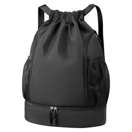 Drawstring Backpack Sports Gym Bag, Water Resistant String Bag Gym Sports Bag, Shoe Compartment Side Mesh Pockets Bulk Cinch Bag for Women Men (Black)