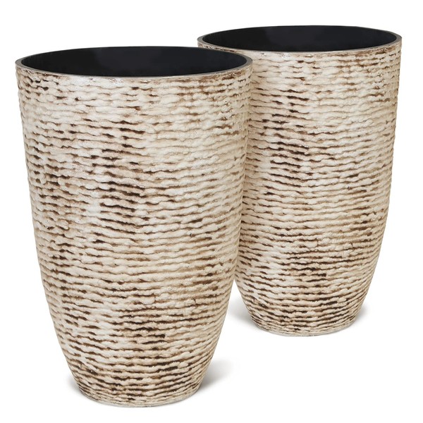 Worth Garden 9 Gallon Tall Round Planters Set of 2-14" Dia x 21" H Tree Pots for Outdoor Plants - Large Imitation Stone Finish Flower Pots Indoor Decorative Container Garden Patio Unbreakable Beige