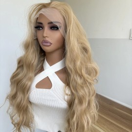 WigsA Heat Resistant Synthetic Hair Lace Front Wig Ash blonde Long Wavy Soft