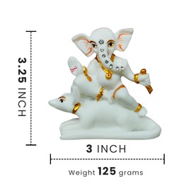 SHRESHTHA IDOLS - Estatua de Ganesha con Mushak para decoración de coche, hogar y templo, 8,4 x 10,1 x 2,5 cm, polvo de mármol, blanco y dorado, decoración de festivales