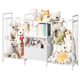 MAHANCRIS Stuffed Animal Storage, Large Stuffed Animal Net with Kids Bookshelf and Toy Storage, Double-Sided Plush Toy Holder with Movable Fabric Box for Kids Room, Playroom, Nursery, White TBWT17101