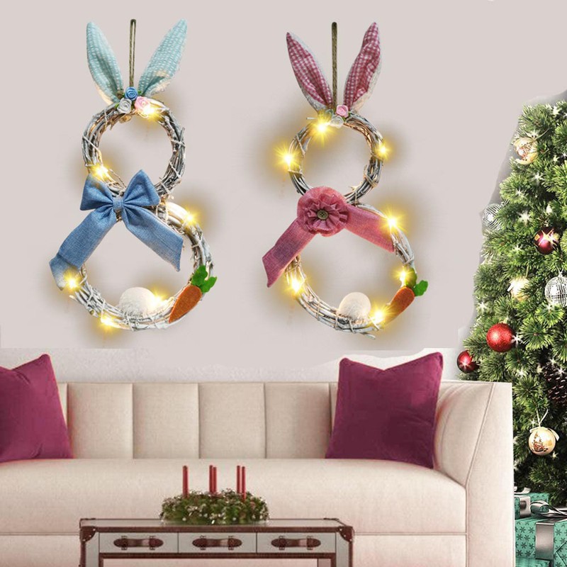 Easter Decoration Wreath with Light Handmade Rattan Easter Rabbit Wreath