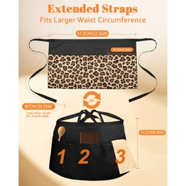 Slohif Reversible Server Apron with 6 Pockets - Waist Apron for Waitress Women Half Apron for Waiter Men Cute Water Resistant Serving Short Apron Barista Bartender Kitchen Accessories Leopard