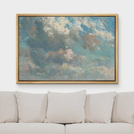 MUDECOR Framed Canvas Print Wall Art Bright Blue Sky Pastel Watercolor Cloud Nature Wilderness Antique Retro Fine Art Shapes Illustrations Decorative Colorful Multicolor for Bedroom - 16"x24" Natural