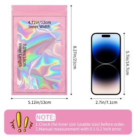 Svaldo Pink Holographic Resealable Bags, Small Mylar Bags with Window, Pack of 100, 5.12x8.27 inch, 3 Mil