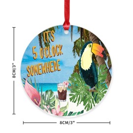 It's Five O'clock Somewhere Christmas Ornaments Tiki Bar Pool Hot Tub Luau Round Christmas Tree Ornament Keepsake Parrot Colorful Bird Sea Acrylic Christmas Bauble for Xmas Party Decorations