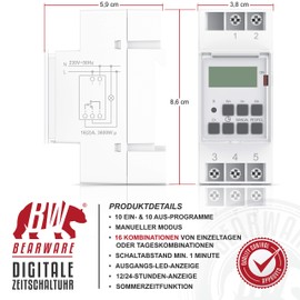 CSL - Digital Timer - for DIN Rails in the Distribution Cabinet Control Panels - 2 Terminals Input, 3 Terminals Output - 16A/3680W - Min. Switching Distance 1 Minute - LCD Display - Manual Mode -