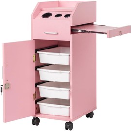 AMOPA Hair Salon Storage Cart with Wheels & 3 Hair Dryer Holders & 4 Drawers & Lock & 2 Keys, Hair Stylist Station, Hairdressing Tools Station Mobile Makeup Case, SPA Utility Trolley (Pink)