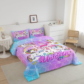 Manfei Unicorn Kids Comforter Set Full Size,Rainbow Starry Sky Romantic Bedding Set,Girls Boys Adults Room Decor,Mermaid Scales Blue Purple Gradient Down Comforter,Cartoon Duvet Insert,2 Pillowcases