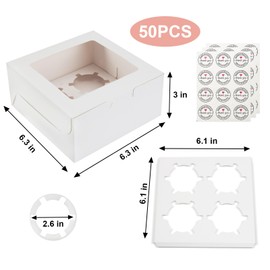 OAMCEG 50 PCS White Cupcake Boxes with Window, 6x6x3 Inch Cookie Boxes, Bakery Containers for Pastry, Dessert, Chocolate Strawberries, Treat Boxes with Stickers & Jute Twine