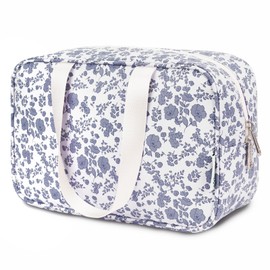 Large Toiletry Bags for Women Travel Ladies Wash Bag for Toiletries Makeup Bag Cosmetic Bag Organizer (Little Grayish Blue Flower)