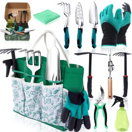 Garden Tool Set for Women, 12pcs Heavy Duty Gardening Tools, Cute Gardening Supplies Gifts for Women Mom, Garden Hand Tools with Fashion Organizer Handbag, Garden Tools for Gardening, Planting, Green