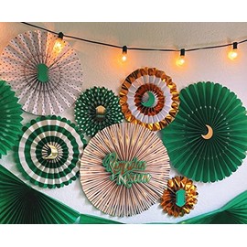 Set of 8 Eid Mubarak Paper Fans Decoration Kit - Concertina Glitter Hanging Eid Party Wall Decor (Green & Gold)