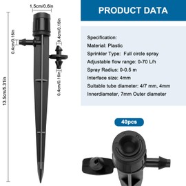VooGenzek 40 Pieces 360 Degree Adjustable Watering Sprinkler, Watering Dripper for 4/7 mm Hose, for Greenhouse, Potted Plants, Green Black (with Connector)