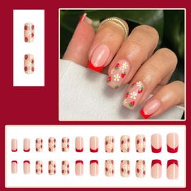 Spring Press on Nails Medium Square RIICFDD Flower Fake Nails with Cute Strawberry and Floral Designs Nude Pink Full Cover False Nails Glue on Nails Summer French Nails for Women Girls 24Pcs