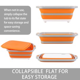 Collapsible Cutting Board with Container, Foldable Camping Sink with Colander, BBQ Prep Tub with Lid, Multifunction Dish Basin for Kitchen, Bowl, Vegetable and Fruit, 2.11 Gal/8L Storage Basket