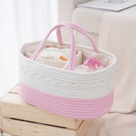 Monehet Mother and Baby Portable Storage Basket, Bohemian Cotton Rope With Removable Inserts, Nappy Organiser (White Pink)