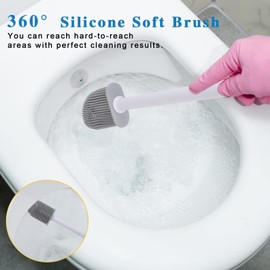 GAXMNS - Escobilla de inodoro y soporte de silicona plegable y eficiente limpieza montada en la pared con cabezal de cepillo para polvo de mango largo y cerdas de silicona, sin problemas de mango oxidado (blanco)